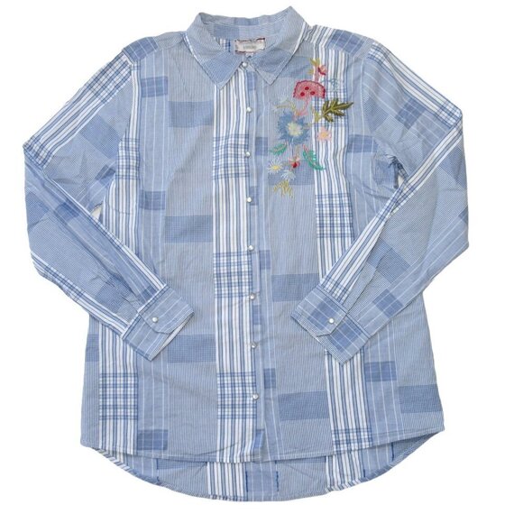 NWT Johnny Was Workshop Zanzibar Shirt in Blue Plaid Embroidered Pearl Snap S - Picture 2 of 8